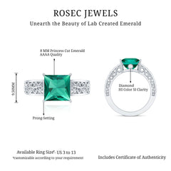 Certified 8 mm Princess Cut Lab Grown Emerald Filigree Engagement Ring