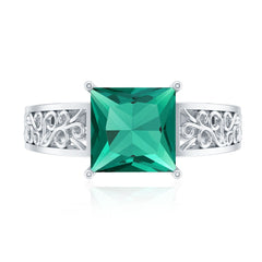 Certified 8 mm Princess Cut Lab Grown Emerald Filigree Engagement Ring