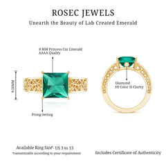 Certified 8 mm Princess Cut Lab Grown Emerald Filigree Engagement Ring