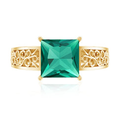 Certified 8 mm Princess Cut Lab Grown Emerald Filigree Engagement Ring