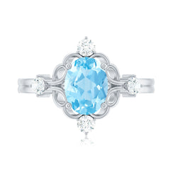 1.25 CT Oval Shape Aquamarine and Diamond Cocktail Ring