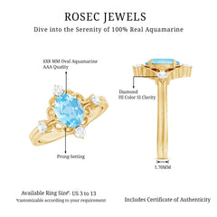 1.25 CT Oval Shape Aquamarine and Diamond Cocktail Ring
