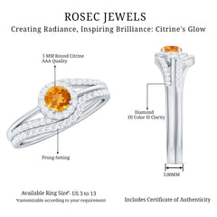 Genuine Citrine Engagement Ring with Diamond Wedding Band