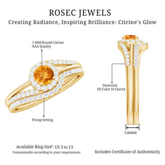 Genuine Citrine Engagement Ring with Diamond Wedding Band