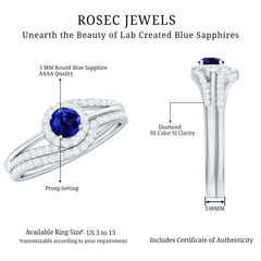 Certified Lab Grown Blue Sapphire Wedding Engagement Ring Set with Diamond
