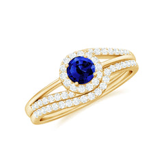 Certified Lab Grown Blue Sapphire Wedding Engagement Ring Set with Diamond