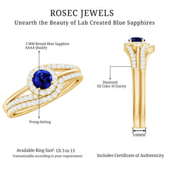Certified Lab Grown Blue Sapphire Wedding Engagement Ring Set with Diamond
