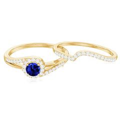 Certified Lab Grown Blue Sapphire Wedding Engagement Ring Set with Diamond