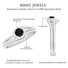 Black Onyx Minimal Wedding Rings Set with Diamond Curved Band