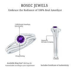 Natural Amethyst and Diamond Minimal Bridal Ring Set