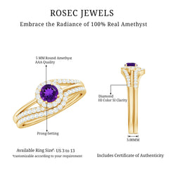 Natural Amethyst and Diamond Minimal Bridal Ring Set