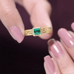 Vintage Inspired Princess Cut Lab Grown Emerald Promise Ring with Filigree Details