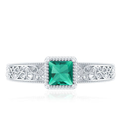 Vintage Inspired Princess Cut Lab Grown Emerald Promise Ring with Filigree Details