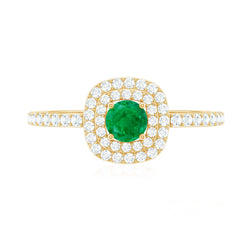 Round Emerald and Diamond Double Halo Engagement Ring