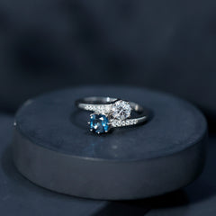 London Blue Topaz Designer Two Stone Engagement Ring in Silver