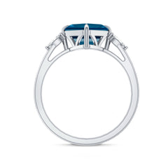 8mm Asscher Cut London Blue Topaz Diagonal Solitaire Ring with Marquise Diamond