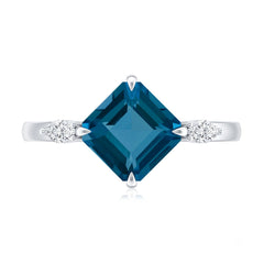 8mm Asscher Cut London Blue Topaz Diagonal Solitaire Ring with Marquise Diamond