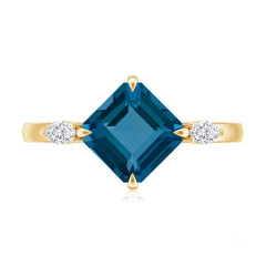 8mm Asscher Cut London Blue Topaz Diagonal Solitaire Ring with Marquise Diamond