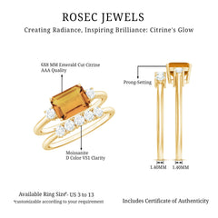 Certified Real Emerald Cut Citrine Wedding Engagement Ring Set with Moissanite