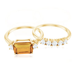 Certified Real Emerald Cut Citrine Wedding Engagement Ring Set with Moissanite