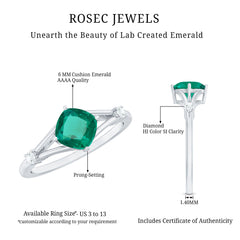 Certified 6 mm Cushion Cut Lab Grown Emerald Diamond Engagement Ring with Split Shank