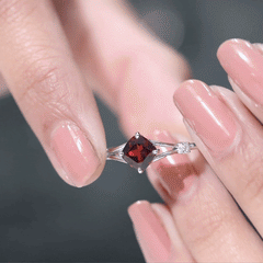 Genuine 8mm Garnet Diamond Cushion Cut Engagement Ring with Split Shank