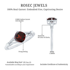 Genuine 8mm Garnet Diamond Cushion Cut Engagement Ring with Split Shank