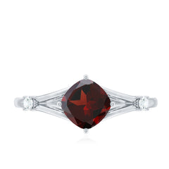 Genuine 8mm Garnet Diamond Cushion Cut Engagement Ring with Split Shank