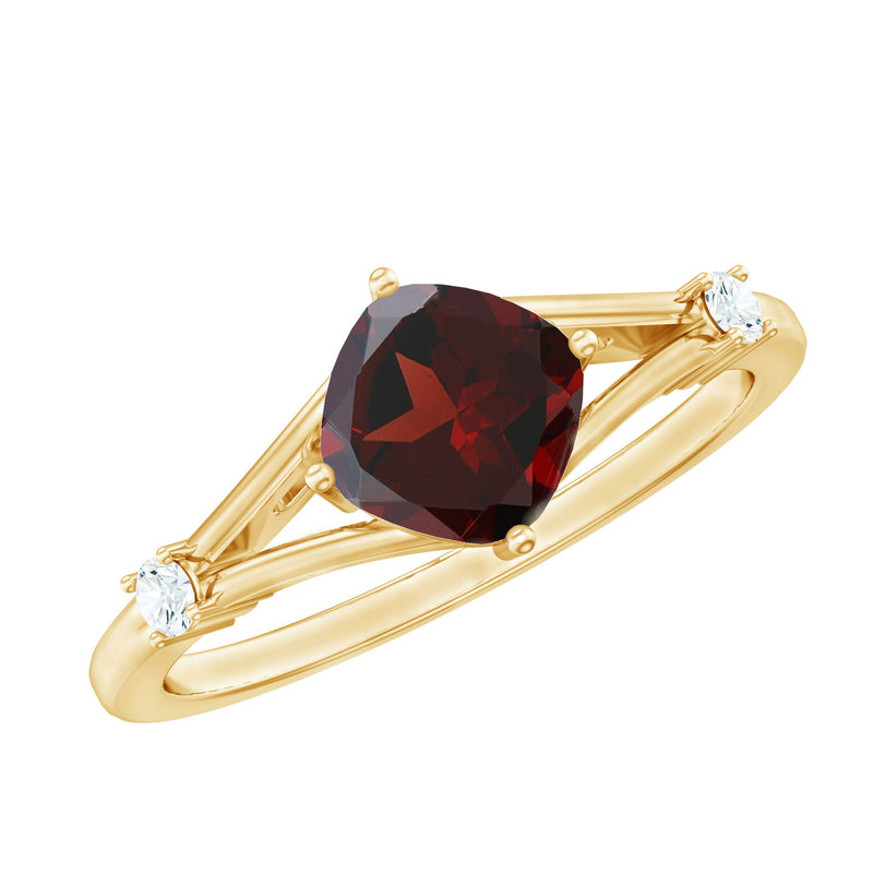 Genuine 8mm Garnet Diamond Cushion Cut Engagement Ring with Split Shank