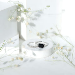 Emerald Cut Black Onyx and Diamond Wedding Ring Set