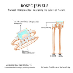 Natural Ethiopian Opal Diamond Emerald Cut Engagement Ring and Wedding Band Set