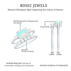 Natural Ethiopian Opal Diamond Emerald Cut Engagement Ring and Wedding Band Set