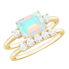 Natural Ethiopian Opal Diamond Emerald Cut Engagement Ring and Wedding Band Set