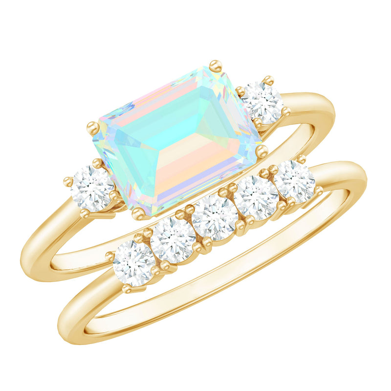 Natural Ethiopian Opal Diamond Emerald Cut Engagement Ring and Wedding Band Set