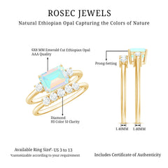 Natural Ethiopian Opal Diamond Emerald Cut Engagement Ring and Wedding Band Set