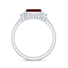 East West Set Emerald Cut Lab Ruby Engagement Ring with Diamond Wedding Band