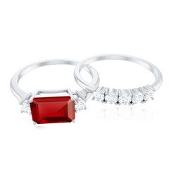 East West Set Emerald Cut Lab Ruby Engagement Ring with Diamond Wedding Band