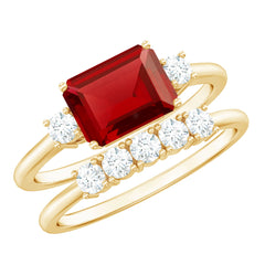 East West Set Emerald Cut Lab Ruby Engagement Ring with Diamond Wedding Band
