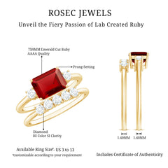 East West Set Emerald Cut Lab Ruby Engagement Ring with Diamond Wedding Band