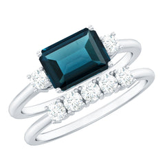 Genuine Emerald Cut London Blue Topaz Engagement Ring with Diamond Wedding Band