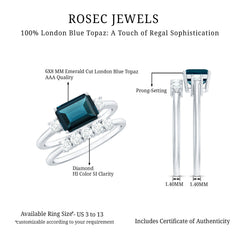Genuine Emerald Cut London Blue Topaz Engagement Ring with Diamond Wedding Band