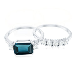 Genuine Emerald Cut London Blue Topaz Engagement Ring with Diamond Wedding Band