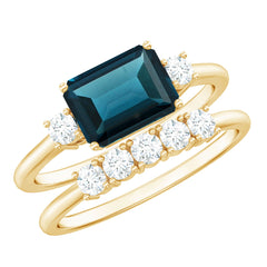 Genuine Emerald Cut London Blue Topaz Engagement Ring with Diamond Wedding Band