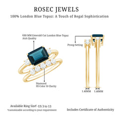 Genuine Emerald Cut London Blue Topaz Engagement Ring with Diamond Wedding Band