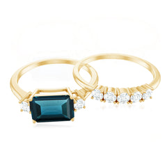 Genuine Emerald Cut London Blue Topaz Engagement Ring with Diamond Wedding Band