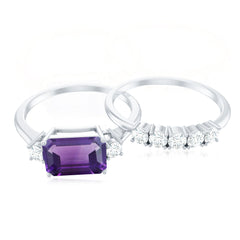 Octagon Cut Amethyst Contemporary Wedding Ring Set with Diamond
