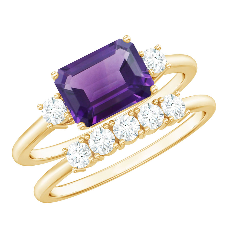 Octagon Cut Amethyst Contemporary Wedding Ring Set with Diamond