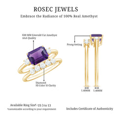 Octagon Cut Amethyst Contemporary Wedding Ring Set with Diamond