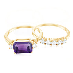 Octagon Cut Amethyst Contemporary Wedding Ring Set with Diamond