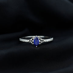 Certified 0.7 Carat Lab Grown Blue Sapphire Diamond Marquise Engagement Ring with Celtic Knot